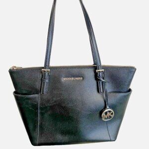 Michael Kors Jet Set Charlotte Large Top-Zip Tote – Black with Silver Hardware
